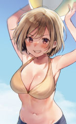 Rule 34 | 1girl, armpits, arms up, ball, bare arms, bare shoulders, beachball, bikini, blue sky, blush, breasts, breasts day, brown bikini, brown eyes, brown hair, cleavage, cloud, collarbone, commentary request, day, grin, halterneck, holding, holding ball, looking at viewer, medium breasts, midorikawa you, navel, original, outdoors, short hair, sky, smile, solo, swimsuit, upper body, v-shaped eyebrows