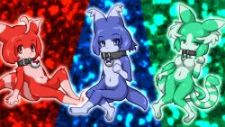 Rule 34 | 10s, 3girls, animal ears, bad id, bad nicoseiga id, blue eyes, blue hair, breasts, collar, cool beast (kemono friends), furry, furry female, green eyes, green hair, kemono friends, knees together feet apart, looking at viewer, medium breasts, multicolored background, multiple girls, multiple tails, navel, passion beast (kemono friends), paw pose, pure beast (kemono friends), red hair, short hair, tail, vostok (vostok061)