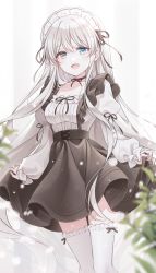 Rule 34 | 1girl, :d, black choker, black shirt, blue eyes, breasts, choker, cleavage, collarbone, commentary request, feet out of frame, frilled thighhighs, frills, grey eyes, grey hair, hair between eyes, heterochromia, highres, juliet sleeves, long hair, long sleeves, maid, maid headdress, mattang, medium breasts, open mouth, original, pleated skirt, puffy sleeves, shirt, skirt, sleeves past wrists, smile, solo, standing, suspender skirt, suspenders, thighhighs, very long hair, white shirt, white thighhighs
