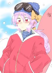 Rule 34 | 1girl, beanie, blush, breath, contemporary, ear blush, ear piercing, expressionless, goggles, hands in pockets, hat, hat ribbon, highres, jacket, mana (gooney), piercing, red eyes, ribbed sweater, ribbon, sketch, ski goggles, snow, snowboard, solo, sweater, touhou, turtleneck, upper body, watatsuki no yorihime