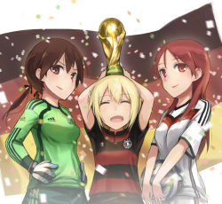 Rule 34 | 2014 fifa world cup, 3girls, absurdres, ball, blonde hair, brazuca, brown eyes, brown hair, confetti, erica hartmann, fifa world cup trophy, german flag, germany, gertrud barkhorn, goalkeeper, hair ribbon, happy, highres, lif (lif &amp; ref), long hair, looking at viewer, minna-dietlinde wilcke, multiple girls, ribbon, smile, soccer, soccer ball, soccer uniform, sportswear, standing, strike witches, trophy, twintails, world cup, world witches series