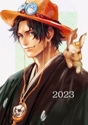 Rule 34 | 1boy, 2023, absurdres, alternate costume, animal, animal on shoulder, artist name, beads, black hair, closed mouth, commentary, cowboy hat, freckles, hat, highres, looking at viewer, male focus, one piece, orange hat, portgas d. ace, rabbit, short hair, skull ornament, smile, solo, tsuyomaru, twitter username
