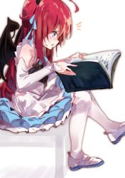 Rule 34 | 1girl, :o, ahoge, bare shoulders, black wings, blue eyes, blush, book, commentary request, demon girl, demon horns, demon tail, demon wings, detached sleeves, dress, frilled dress, frills, from side, hair between eyes, highres, holding, holding book, horns, lamb (hitsujiniku), long hair, long sleeves, looking away, nijisanji, notice lines, open book, pantyhose, parted lips, profile, red hair, shoes, simple background, sitting, sleeveless, sleeveless dress, sleeves past wrists, solo, tail, tail raised, uwabaki, very long hair, virtual youtuber, white background, white dress, white footwear, white pantyhose, white sleeves, wings, yuzuki roa