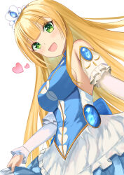 Rule 34 | 1girl, :d, absurdres, backboob, bare shoulders, blonde hair, blue dress, blunt bangs, blush, breasts, commentary request, cowboy shot, detached sleeves, dress, frilled dress, frills, from below, green eyes, happy, heart, highres, julinailia, kin-iro loveriche, large breasts, long hair, looking at viewer, open mouth, princess, sidelocks, simple background, skirt hold, sleeves past wrists, smile, solo, straight hair, sylvia le cruzcrown sortilege sisua, tiara, very long hair, white background, white sleeves