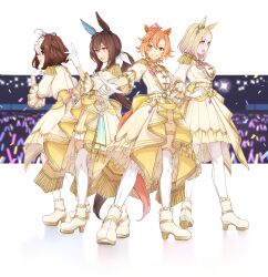 Rule 34 | 4girls, admire vega (umamusume), ahoge, animal ears, belt, blonde hair, blush, bow, breasts, brown hair, clenched hands, closed mouth, commentary, concert, confetti, crown, diffraction spikes, english commentary, epaulettes, full body, gloves, hand on own hip, hand up, high heels, highres, horse ears, horse girl, jacket, long hair, looking at viewer, low ponytail, medium breasts, meisho doto (umamusume), mini crown, multiple girls, nanaheibei 3, narita top road (umamusume), open mouth, orange eyes, orange hair, outstretched arm, pointing, purple eyes, road of radiance (umamusume), short hair, shorts, skirt, small breasts, smile, standing, t.m. opera o (umamusume), thighhighs, umamusume, white footwear, white gloves, white jacket, white thighhighs, yellow bow, yellow shorts, yellow skirt