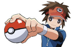 Rule 34 | 1boy, blue jacket, bodysuit, bodysuit under clothes, bright pupils, brown eyes, brown hair, closed mouth, creatures (company), game freak, hand up, hat, holding, holding poke ball, jacket, male focus, nate (pokemon), nintendo, outstretched arm, poke ball, poke ball (basic), poke ball print, pokemon, pokemon bw2, popped collar, red hat, short sleeves, simple background, smile, solo, upper body, visor cap, white background, white pupils, yoko.u, zipper pull tab