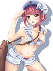 Rule 34 | 10s, 1girl, :o, adapted costume, bag, bikini, bikini top only, blush, bow, breasts, brown eyes, brown hair, cleavage, clothes writing, eyebrows, hand gesture, hand on own forehead, hat, kantai collection, looking at viewer, navel, open mouth, red eyes, red hair, sailor bikini, sailor collar, sailor hat, shadow, short hair, shorts, simple background, solo, swimsuit, white background, white hat, white shorts, yumibakama meme, z3 max schultz (kancolle)
