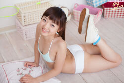 Rule 34 | 1girl, asian, ass, black hair, bra, breasts, brown eyes, cleavage, feet up, hiyori izumi, indoors, japanese (nationality), long hair, looking at viewer, lying, on floor, panties, photo (medium), pillow, real life, shoes, small breasts, smile, teeth, thighs, underwear, white bra, white footwear, white panties, white pillow