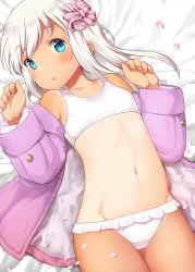 Rule 34 | 10s, 1girl, aqua eyes, bad id, bad pixiv id, bell (oppore coppore), bikini, bikini under clothes, blue eyes, blush, collarbone, cowboy shot, flat chest, hands up, highres, jacket, kantai collection, long hair, looking at viewer, lying, navel, nontraditional school swimsuit, on back, one-piece tan, open clothes, open jacket, petals, ro-500 (kancolle), school swimsuit, solo, swimsuit, swimsuit under clothes, tan, tanline, tareme, thighs, white bikini, white hair