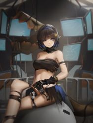 Rule 34 | 1girl, arknights, bandeau, bare arms, bare legs, bare shoulders, black hair, blue eyes, blue hair, blue hairband, breasts, cleavage, commentary, eunectes (arknights), hairband, highres, indoors, lancet-2 (arknights), looking at viewer, medium breasts, midriff, monitor, multicolored hair, navel, pointy ears, short hair, sitting, smile, solo, stomach, strapless, thighs, tube top, windriar