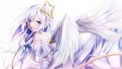Rule 34 | 1girl, :d, alternate costume, amane kanata, angel, angel wings, back, bare shoulders, blue hair, colored inner hair, daidai (daidai826), dress, feathered wings, full body, hair over one eye, halo, holding, holding microphone, hololive, long hair, looking at viewer, microphone, multicolored hair, off-shoulder dress, off shoulder, open mouth, purple eyes, ribbon, silver hair, smile, solo, star halo, virtual youtuber, white dress, white wings, wings, wrist ribbon