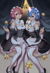 Rule 34 | 10s, 2girls, apron, arm at side, arm garter, bare shoulders, black dress, black footwear, black ribbon, blue eyes, blue hair, blunt bangs, bow, breasts, cleavage, closed mouth, detached sleeves, dress, eyebrows, fingernails, flower, frilled apron, frilled dress, frilled sleeves, frills, glowing horns, hair flower, hair ornament, hair over one eye, hand up, horns, looking at viewer, lucidsky, maid, maid headdress, mary janes, multiple girls, pantyhose, parted lips, pink eyes, pink hair, puffy detached sleeves, puffy sleeves, ram (re:zero), re:zero kara hajimeru isekai seikatsu, rem (re:zero), ribbon, ribbon-trimmed collar, ribbon trim, shoes, short hair, siblings, single horn, sisters, sitting, small breasts, smile, twins, underbust, white bow, white legwear, x hair ornament