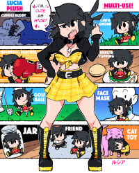 Rule 34 | 1girl, bed, belt, black belt, black eyes, black footwear, black hair, black jacket, boots, boxing gloves, burger, cat, cross, cross necklace, english text, food, full body, golf club, grass, hand on own hip, hand up, highres, jacket, jar, jewelry, long sleeves, lucia (scott malin), medium hair, merchandise, necklace, open mouth, original, outline, plaid, plaid skirt, punching, scott malin, skirt, sleeping, solo, speech bubble, standing, stuffed toy, white outline, yellow skirt