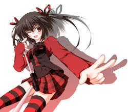 Rule 34 | 1girl, black hair, breasts, chu (chu inthis), jacket, long sleeves, looking at viewer, original, outstretched arms, plaid, plaid skirt, pleated skirt, red eyes, red skirt, short hair, simple background, skirt, solo, striped clothes, striped thighhighs, thighhighs, track jacket, twintails, v, white background, zettai ryouiki