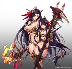 Rule 34 | 2girls, bare shoulders, bell, black hair, black panties, blood, bloody weapon, breasts, brown legwear, choker, club, club (weapon), earrings, facepaint, facial mark, flower, forehead mark, gauntlets, gold trim, hair bell, hair flower, hair ornament, holding, holding staff, horns, jewelry, large breasts, long hair, looking at viewer, multiple girls, nail polish, navel, official art, panties, red eyes, red nails, seikon no el dorado, small breasts, smile, spiked club, staff, standing, thighhighs, underwear, very long hair, vixi c, watermark, weapon, web address