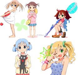 Rule 34 | 5girls, apple, blonde hair, blue hair, character request, child, female focus, flower, food, fruit, hat, multiple girls, naganohara mio, nichijou, sakamoto (nichijou), saru getchu, sayaka (saru getchu), smile, take (office-t), twintails, wink