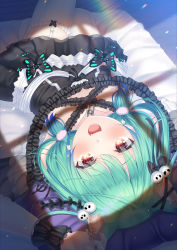Rule 34 | 1girl, animal ear fluff, animal ears, blush, cat ears, colored tips, dress, fang, frilled dress, frilled thighhighs, frills, fuyu urara, garter straps, green hair, hair ornament, highres, hololive, looking at viewer, lying, multicolored hair, on back, open mouth, red eyes, short hair, skull hair ornament, solo, thighhighs, uruha rushia, uruha rushia (3rd costume), virtual youtuber, white garter straps, white thighhighs