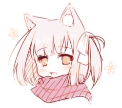 Rule 34 | 1girl, animal ear fluff, animal ears, azur lane, blush, brown eyes, cat ears, diagonal stripes, head, light brown hair, looking at viewer, lowres, one side up, open mouth, portrait, sakurato ototo shizuku, scarf, shiratsuyu (azur lane), silver hair, solo, striped clothes, striped scarf, white background