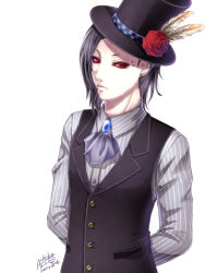 Rule 34 | 10s, 1boy, achikoako, arms behind back, black hair, black sclera, brooch, colored sclera, dress shirt, earrings, feathers, flower, formal, hat, hat feather, jewelry, lip piercing, long hair, looking at viewer, male focus, piercing, red eyes, red flower, red rose, rose, shirt, signature, solo, tokyo ghoul, top hat, uta (tokyo ghoul), waistcoat, white background