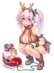 Rule 34 | 1girl, animal costume, antlers, bare shoulders, breasts, cat, cleavage, fake tail, full body, hat, headphones, highres, horns, huge breasts, large breasts, lips, lipstick, long hair, looking at viewer, makeup, miniskirt, open mouth, original, pink eyes, pink hair, reindeer costume, santa hat, shoes, skirt, sled, smile, solo, squatting, super sonico, tail, teeth, thighs, tsuji santa, twintails, wristband