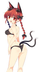 Rule 34 | 1girl, animal ears, ass, bikini, black bikini, black bra, black panties, black ribbon, blush, bra, braid, breasts, cat ears, cat tail, extra ears, fang, from behind, hair ribbon, highres, kaenbyou rin, long hair, looking at viewer, looking back, maturiuta sorato, medium breasts, multiple tails, open mouth, panties, pointy ears, red eyes, red hair, ribbon, simple background, solo, standing, swimsuit, tail, touhou, tress ribbon, twin braids, underwear, underwear only, white background