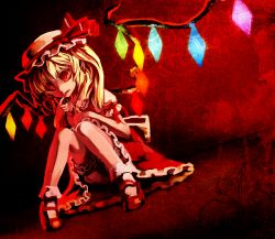 Rule 34 | 1girl, bad id, bad pixiv id, blonde hair, bloomers, dutch angle, flandre scarlet, hat, megurimu, mob cap, open mouth, red eyes, ribbon, short hair, side ponytail, sitting, solo, tongue, tongue out, touhou, underwear, wings
