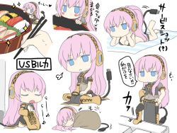 Rule 34 | 1girl, aqua eyes, bento, bikini, black bikini, black thighhighs, blue eyes, blush stickers, boots, chibi, closed eyes, cross-laced footwear, knee boots, lace-up boots, long hair, lying, megurine luka, mini person, minigirl, multiple views, oharu, on stomach, own hands together, pelvic curtain, pink hair, see-through, simple background, sitting, sleeping, sparkle, standing, standing on one leg, swimsuit, tail, thighhighs, translated, usb, vocaloid, white background