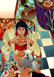 Rule 34 | 2boys, atie1225, black hair, blue eyes, burger, cigarette, coat, copyright request, dessert, doughnut, earrings, food, grey hair, highres, holding, holding cigarette, holding food, jewelry, long sleeves, multiple boys, open mouth, red shirt, shirt, solo focus, table, white coat
