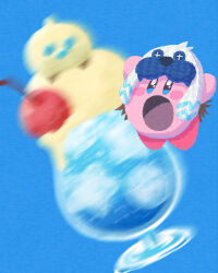 Rule 34 | blue background, blue eyes, blush stickers, cherry, commentary request, copy ability, drink, food, food focus, frosty ice kirby, fruit, highres, ice, ice cream, ice cream float, ice cube, kirby, kirby (series), miclot, mr. frosty, nintendo, no humans, open mouth, simple background, smile