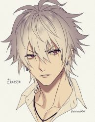 Rule 34 | 1boy, aohitsugi samatoki, character name, collarbone, collared shirt, commentary request, cropped shoulders, ear piercing, earrings, grey hair, hair between eyes, hypnosis mic, jewelry, looking at viewer, male focus, mashima shima, messy hair, necklace, parted lips, piercing, portrait, shirt, short hair, simple background, solo, twitter username, white background, white shirt