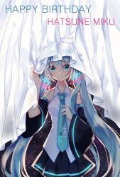 Rule 34 | 1girl, black skirt, blue eyes, blue hair, blue necktie, character name, collarbone, cowboy shot, detached sleeves, floating hair, hair between eyes, happy birthday, hatsune miku, highres, long hair, looking at viewer, miniskirt, necktie, pleated skirt, rl ka qui, shirt, skirt, sleeveless, sleeveless shirt, smile, solo, standing, twintails, very long hair, vocaloid, white shirt