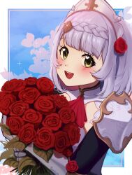 Rule 34 | 1girl, :d, armor, blunt bangs, blush, bouquet, braid, brown eyes, flower, gauntlets, genshin impact, grey hair, hair flower, hair ornament, highres, holding, holding bouquet, long hair, noelle (genshin impact), open mouth, red flower, red rose, rose, shoulder armor, signature, smile, solo, upper body, yumich