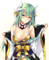 Rule 34 | 1girl, aqua hair, bikini, blush, breasts, cleavage, closed mouth, fate/grand order, fate (series), gold trim, highres, jacob dream world, japanese clothes, kimono, kiyohime (fate), kiyohime (fate/grand order), kiyohime (swimsuit lancer) (fate), kiyohime (swimsuit lancer) (first ascension) (fate), light smile, long hair, looking at viewer, medium breasts, smile, solo, swimsuit, yellow bikini