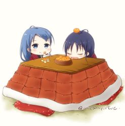 Rule 34 | 2girls, alternate costume, blue eyes, blue hair, chibi, commentary request, drooling, eating, food, food on head, fruit, kantai collection, kotatsu, looking at viewer, mae (maesanpicture), mandarin orange, multiple girls, object on head, samidare (kancolle), simple background, sitting, suzukaze (kancolle), swept bangs, table