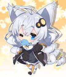 Rule 34 | 1girl, ;3, animal ears, antenna hair, bell, black footwear, black jacket, blue eyes, blush, braid, breasts, cat ears, cat girl, cat tail, chibi, commentary request, dress, floral background, full body, gradient background, grey dress, hair bell, hair between eyes, hair ornament, highres, jacket, jingle bell, kemonomimi mode, kizuna akari, large breasts, long hair, long sleeves, low twintails, milkpanda, mouth hold, one eye closed, open clothes, open jacket, orange background, orange pantyhose, pantyhose, puffy long sleeves, puffy sleeves, shirt, shoe soles, shoes, silver hair, sleeves past fingers, sleeves past wrists, solo, striped clothes, striped pantyhose, sweat, tail, twin braids, twintails, vertical-striped clothes, vertical-striped pantyhose, very long hair, voiceroid, white background, white shirt