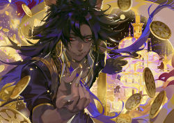 Rule 34 | 1boy, akizero1510, animal ears, middle eastern architecture, black hair, black jacket, borrowed character, castle, coin, commentary, commission, curtained hair, dark-skinned male, dark skin, english commentary, fang, fingernails, gold trim, hair tubes, highres, jacket, jewelry, leaning forward, long fingernails, long hair, looking at viewer, male focus, money gesture, money rain, neck ring, original, parted lips, red eyes, sharp fingernails, smile, smoke, solo, upper body