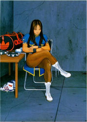 Rule 34 | 1girl, adidas, bag, boots, bracelet, capcom, china dress, chinese clothes, chun-li, closed eyes, crossed arms, crossed legs, dress, duffel bag, hair bun, hair down, hair ornament, jewelry, legs, long hair, pantyhose, pelvic curtain, product placement, sitting, smile, solo, spiked bracelet, spikes, street fighter, thick thighs, thighs, unworn hair ornament, wristband