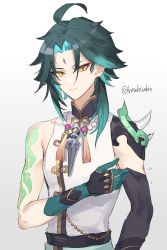 Rule 34 | 1boy, ahoge, aqua hair, arm tattoo, bead necklace, beads, black hair, facial mark, forehead mark, genshin impact, gradient background, grey background, highres, hisehisekin, jewelry, looking at viewer, makeup, male focus, multicolored hair, necklace, simple background, solo, tassel, tattoo, twitter username, upper body, xiao (genshin impact), yellow eyes