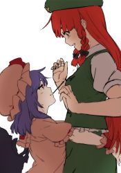 Rule 34 | 2girls, alternate eye color, bat wings, bow, braid, colorized, dress, eye contact, flat color, food, food in mouth, hair bow, hair ornament, hat, hat ribbon, height difference, hong meiling, hug, jpeg artifacts, long hair, looking at another, looking down, looking up, mob cap, mouth hold, multiple girls, open mouth, pink dress, pocky, pocky day, profile, puffy short sleeves, puffy sleeves, purple hair, red eyes, red hair, remilia scarlet, ribbon, shirt, short hair, short sleeves, simple background, sketch, skirt, skirt set, smile, star (symbol), terimayo, touhou, twin braids, vest, white background, wings, wrist cuffs, yuri