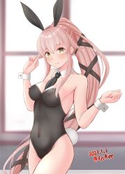 Rule 34 | 1girl, ame-san, animal ears, between breasts, black hairband, black necktie, blush, bodypaint, breasts, cowboy shot, detached collar, fake animal ears, fake tail, green eyes, hair flaps, hair ribbon, hairband, highres, kantai collection, long hair, medium breasts, naked paint, navel, necktie, necktie between breasts, nipples, nontraditional playboy bunny, painted clothes, pink hair, ponytail, rabbit ears, rabbit tail, resolution mismatch, ribbon, sidelocks, smile, solo, source smaller, standing, tail, very long hair, wrist cuffs, yura (kancolle)