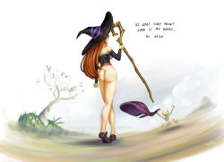 Rule 34 | 1girl, ass, assisted exposure, bare shoulders, bottomless, corset, detached sleeves, dragon&#039;s crown, english text, flats, from behind, hat, long hair, mario grant, no panties, outdoors, red hair, running, skeleton, skirt, unworn skirt, solo focus, sorceress (dragon&#039;s crown), staff, text focus, tree, witch hat