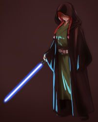 Rule 34 | 1girl, belt, blue eyes, blue lightsaber, boots, braid, breasts, closed mouth, crossover, determined, energy sword, facing viewer, full body, glowing, hair between eyes, hair tie, highres, holding, holding lightsaber, holding sword, holding weapon, hong meiling, hood, hood up, jedi, koyubi (littlefinger1988), large breasts, lightsaber, long hair, looking at viewer, red hair, robe, serious, solo, standing, star wars, star wars: knights of the old republic, sword, touhou, twin braids, weapon, wide sleeves