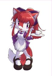 Rule 34 | 1girl, animal ears, apron, black footwear, bow, coffee cup, cup, disposable cup, dress, fox girl, fox tail, full body, furry, furry female, hair bow, highres, holding, holding tray, long hair, looking to the side, lunaerim, mary janes, open mouth, original, pantyhose, ponytail, purple bow, purple dress, purple eyes, red fur, red hair, shoes, simple background, solo, sonic (series), tail, tray, white apron, white background, white pantyhose