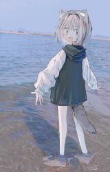 Rule 34 | 1girl, animal ears, grey hair, long sleeves, medium hair, ocean, original, outstretched arms, realistic, standing, tail, uo yuo