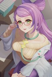 Rule 34 | 1girl, absurdres, adjusting eyewear, breasts, chair, coat, collarbone, commentary request, creatures (company), eyelashes, game freak, glasses, green eyes, hand on own thigh, hand up, highres, long hair, long sleeves, looking up, medium breasts, miriam (pokemon), nagi-negitoro, nail polish, nintendo, open clothes, open coat, pink nails, pokemon, pokemon sv, purple hair, purple skirt, red-framed eyewear, sitting, skirt, smile, solo, striped clothes, striped skirt, sweater, table, yellow sweater