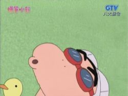 Rule 34 | 1boy, animated, animated gif, bird, child, chinese text, crayon shin-chan, duck, eyebrows, goggles, lowres, male focus, nohara shinnosuke, qvga, solo, thick eyebrows