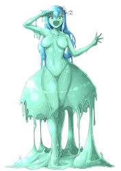 Rule 34 | 1girl, :d, arm up, blue hair, breasts, collarbone, colored skin, commentary request, crossed legs, d-pad, d-pad hair ornament, dripping, full body, green eyes, green skin, hair between eyes, hair ornament, long hair, looking at viewer, medium breasts, monster girl, navel, no nipples, no pussy, nude, ohako (ohako1818), open mouth, original, salute, see-through, shiny skin, sidelocks, simple background, slime girl, smile, solo, standing, stomach, thigh gap, watson cross, white background
