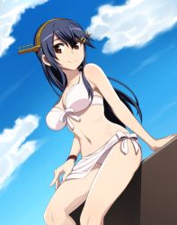 Rule 34 | 1girl, bikini, black hair, blue sky, breasts, brown eyes, cleavage, closed mouth, cloud, cloudy sky, commentary request, day, dutch angle, front-tie bikini top, front-tie top, hair ornament, hairband, hairclip, haruna (kancolle), head tilt, kantai collection, long hair, looking at viewer, medium breasts, nanashino, navel, outdoors, sarong, sitting, sky, smile, solo, swimsuit, white bikini, white sarong, yellow hairband