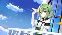 Rule 34 | 1girl, abc cherry, absurdres, balcony, day, detached collar, detached sleeves, dress, green eyes, gumi, highres, holding paper airplane, looking at viewer, outdoors, paper airplane, parted lips, railing, short hair, sky, solo, strapless, strapless dress, vocaloid, window