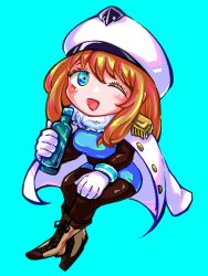 Rule 34 | 1girl, ;d, andreanof pepesha, aygoftenover, blue dress, blue eyes, bottle, brown hair, brown pantyhose, chibi, dress, gloves, green background, highres, holding, holding bottle, invisible chair, jacket, jacket on shoulders, long hair, long sleeves, looking at viewer, one eye closed, open clothes, open jacket, open mouth, pantyhose, shoes, shy (series), simple background, sitting, smile, solo, white gloves, white headwear, white jacket